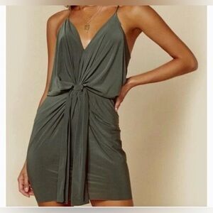 MISA Los Angeles Domino Midi Spaghetti Strap Dress Large Olive Green